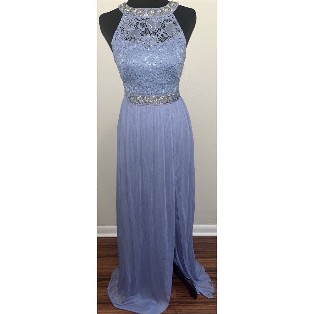 BCX Beaded Embellished Periwinkle Blue Lace Bodice Halter Maxi Dress Slit Size 3